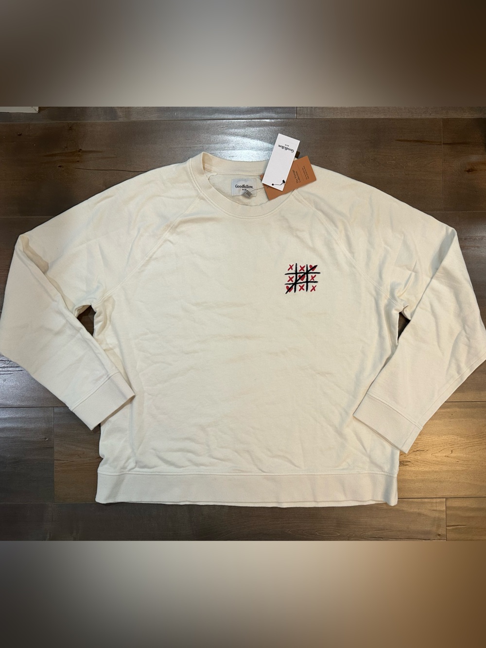 Goodfellow & Co Cream Crewneck Sweatshirt with Embroidered Tic-Tac-Toe Motif